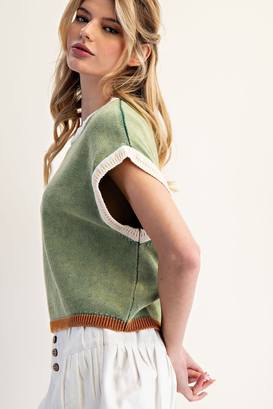 Murano Tri-Color Mineral Washed Extended Cap Sleeve Sweater Top