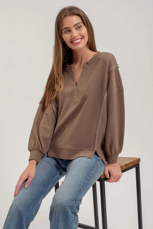 Truvy Split Neck Exposed Seam Long Sleeve Sweater Knit Top