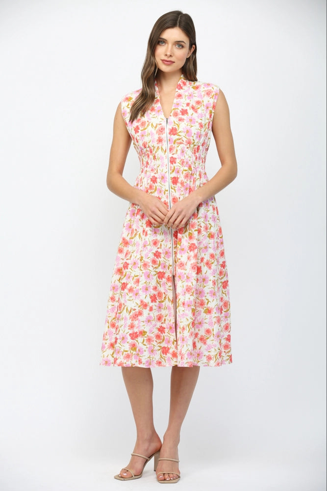 Summer Terrace Floral Print Smocked Waist Midi Dress by Fate