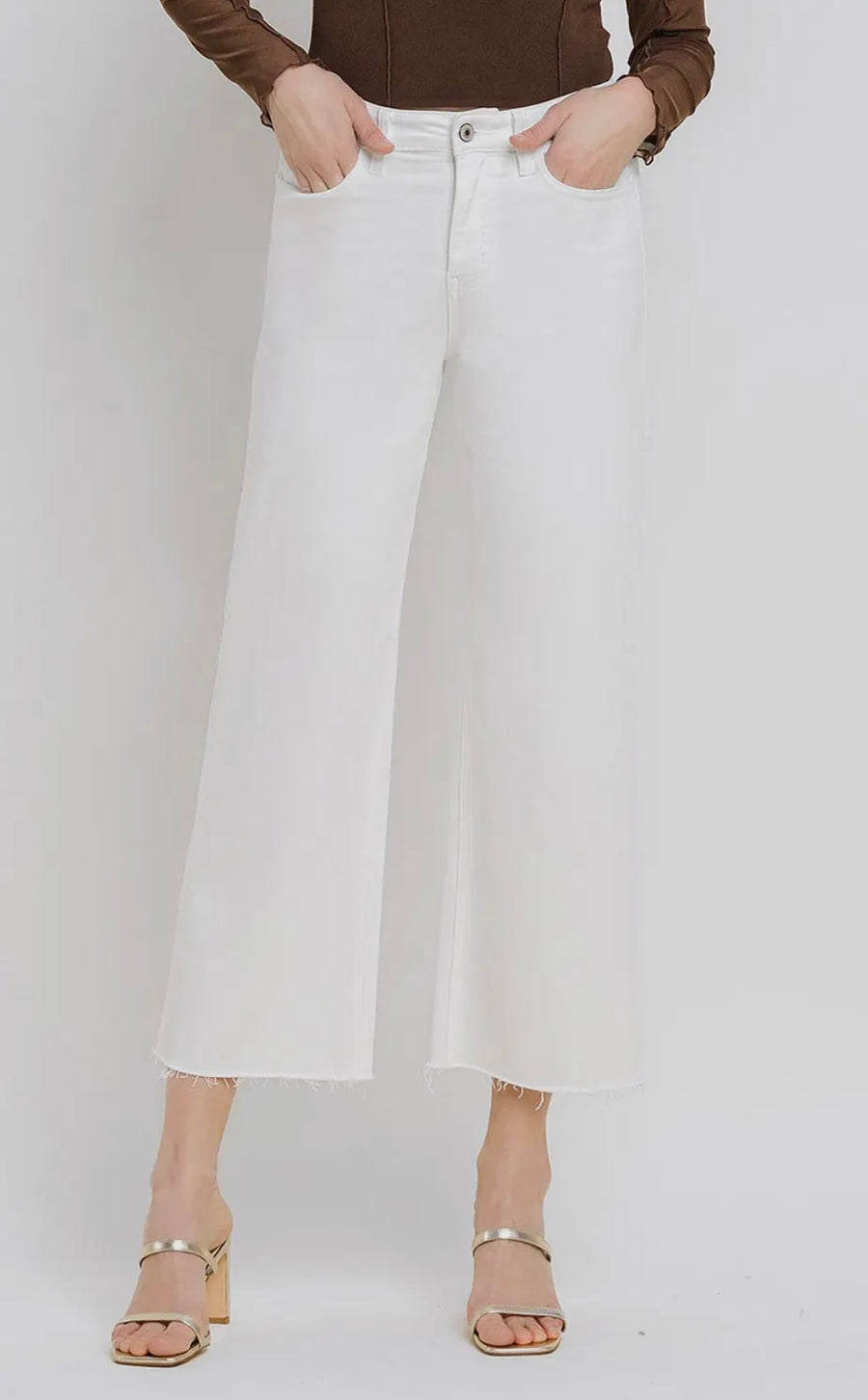 White Lies High Rise Crop Length Wide Leg White Denim Jeans