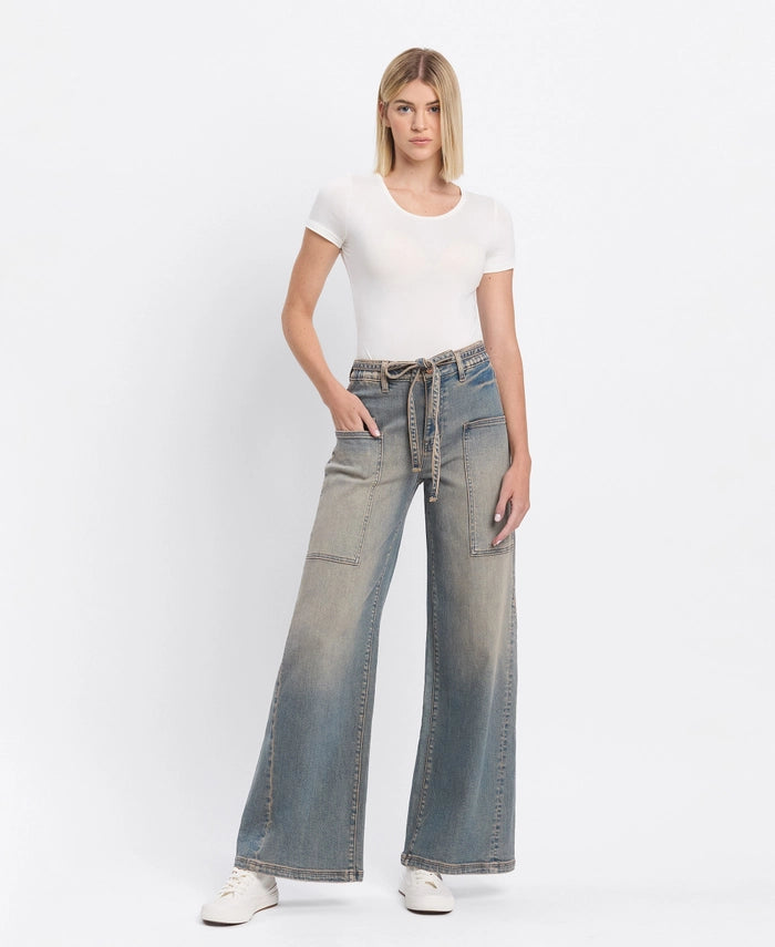 Flower-Child High Rise Elastic/Tie Baggy Wide Leg Jeans