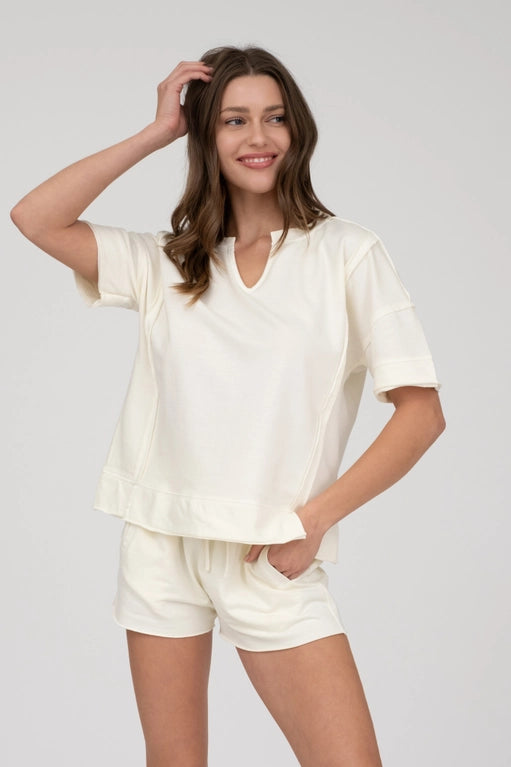 Elyse Mineral Washed Split Neck Short Sleeve Top