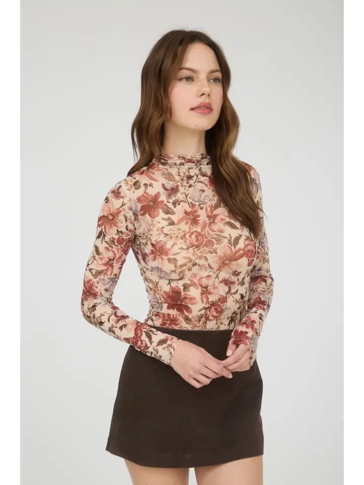 Delta II Floral Semi-Sheer Long Sleeve Mesh Top