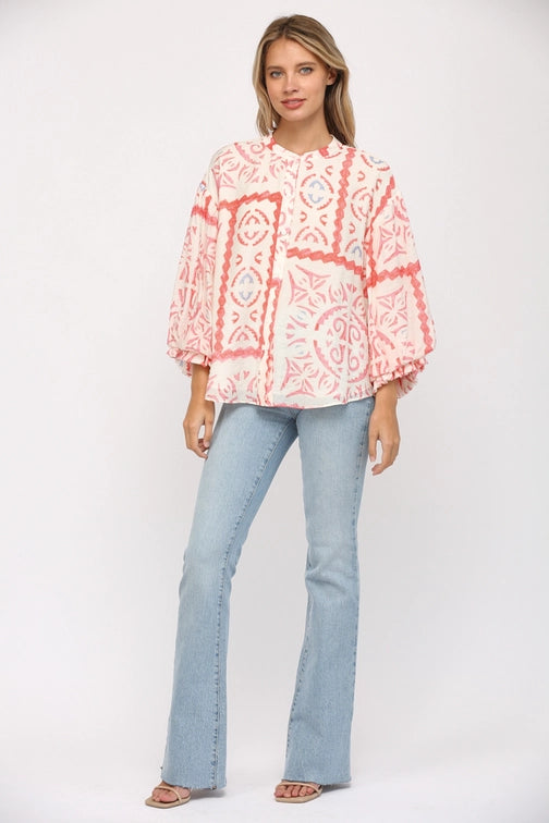 Adrianna Puff Sleeve Button Down Chiffon Shirt Blouse