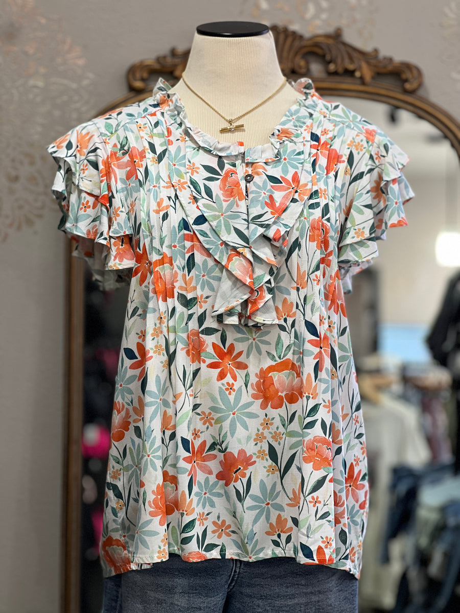 Clementine Floral Ruffle Button Blouse Top