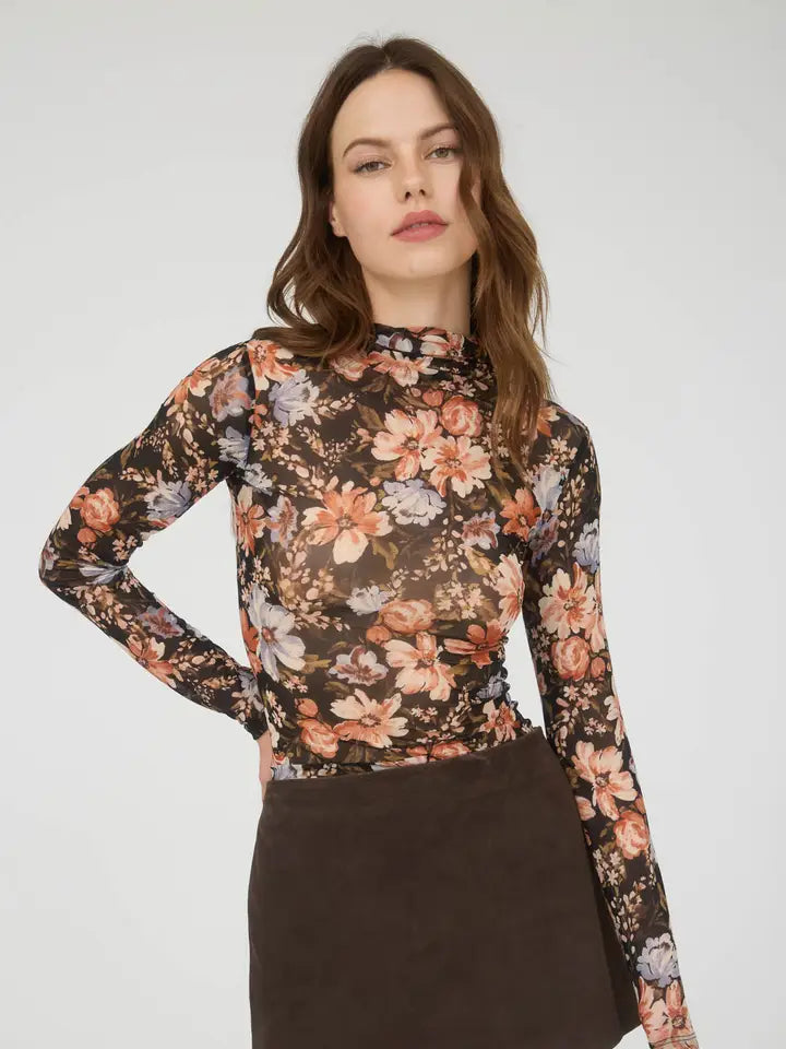 Delta II Floral Semi-Sheer Long Sleeve Mesh Top