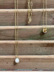 Layered Paperclip Chain with Knot Gold Charm & Pearl Necklace