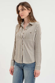 Toni Stripe Collared Long Sleeve Button Down Knit Shirt Blouse