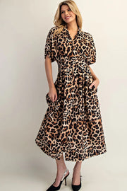 Leopard Print Button Down Pleated Maxi Dress