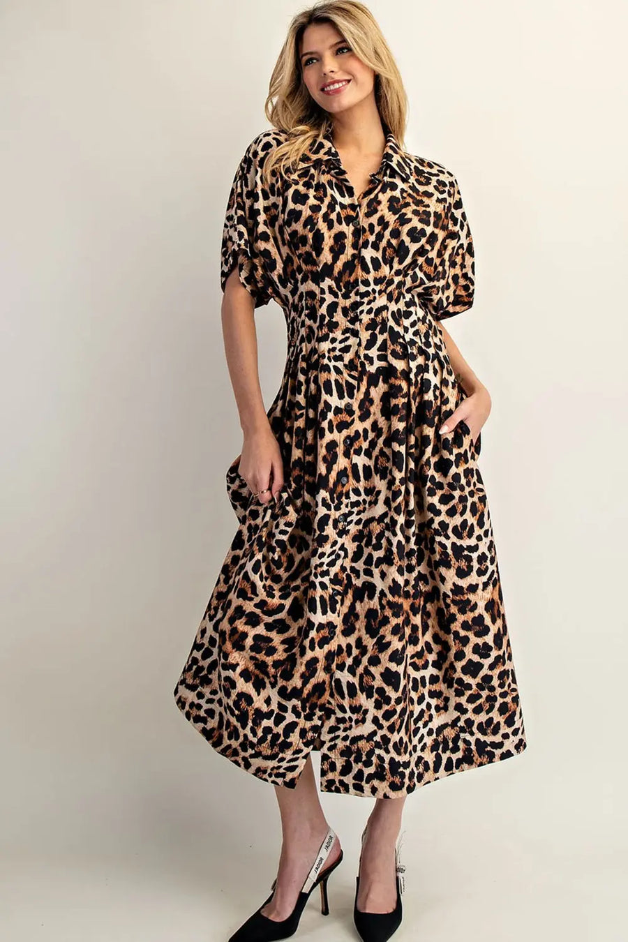 Leopard Print Button Down Pleated Maxi Dress