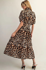 Leopard Print Button Down Pleated Maxi Dress