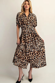 Leopard Print Button Down Pleated Maxi Dress