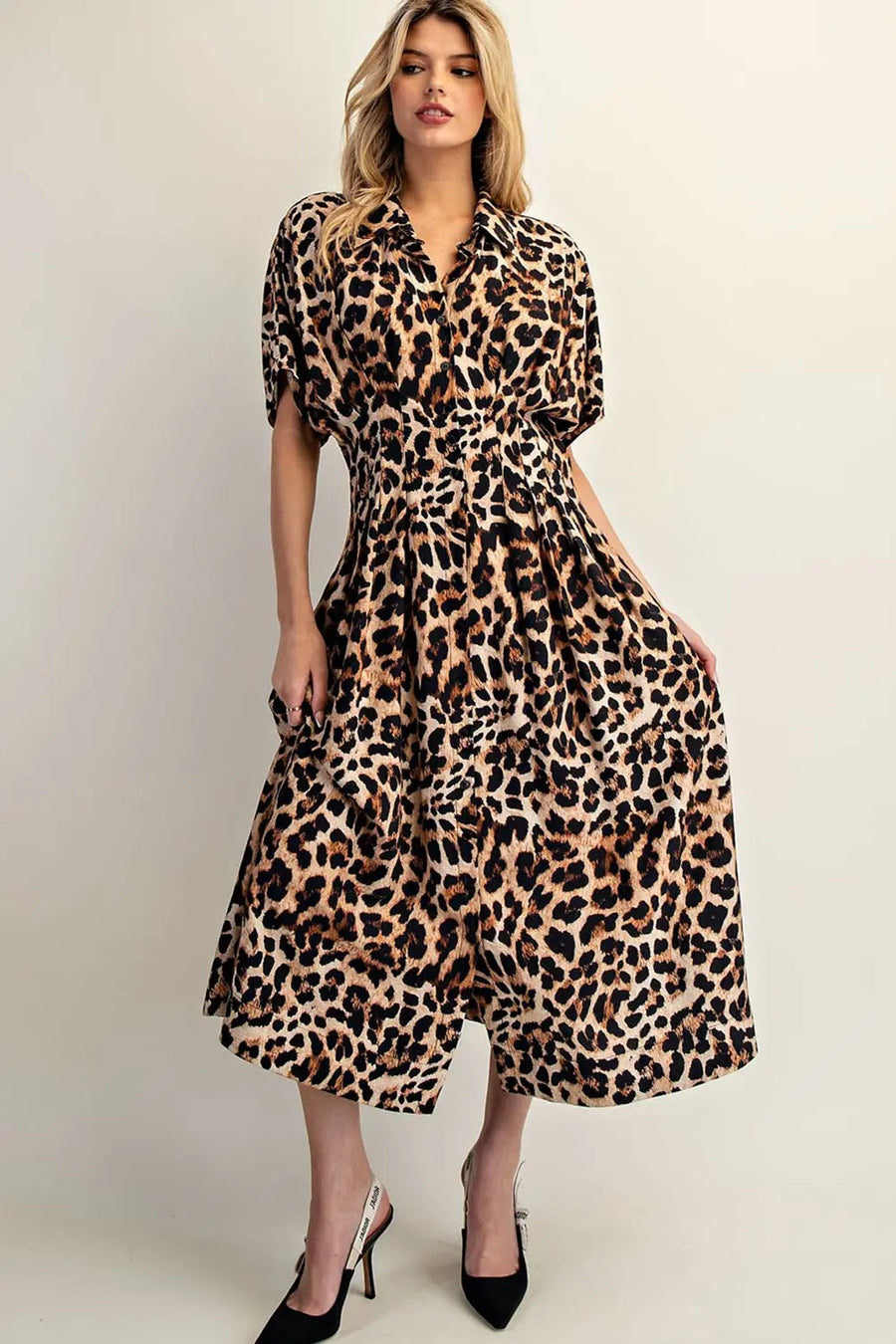 Leopard Print Button Down Pleated Maxi Dress