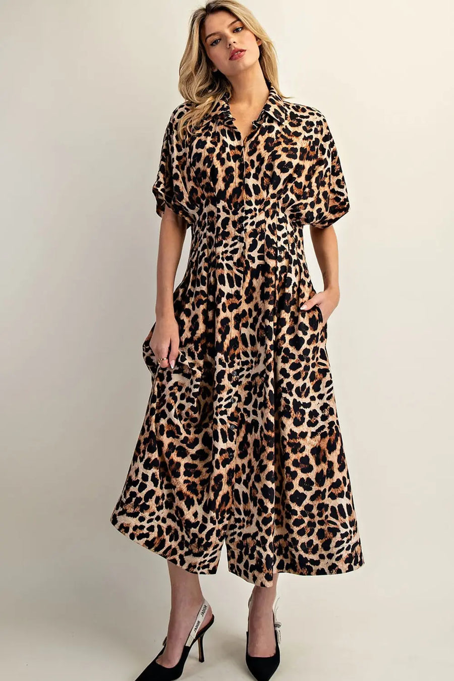 Leopard Print Button Down Pleated Maxi Dress