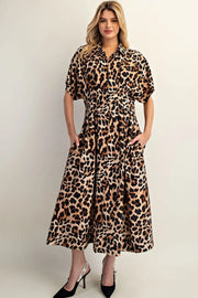 Leopard Print Button Down Pleated Maxi Dress