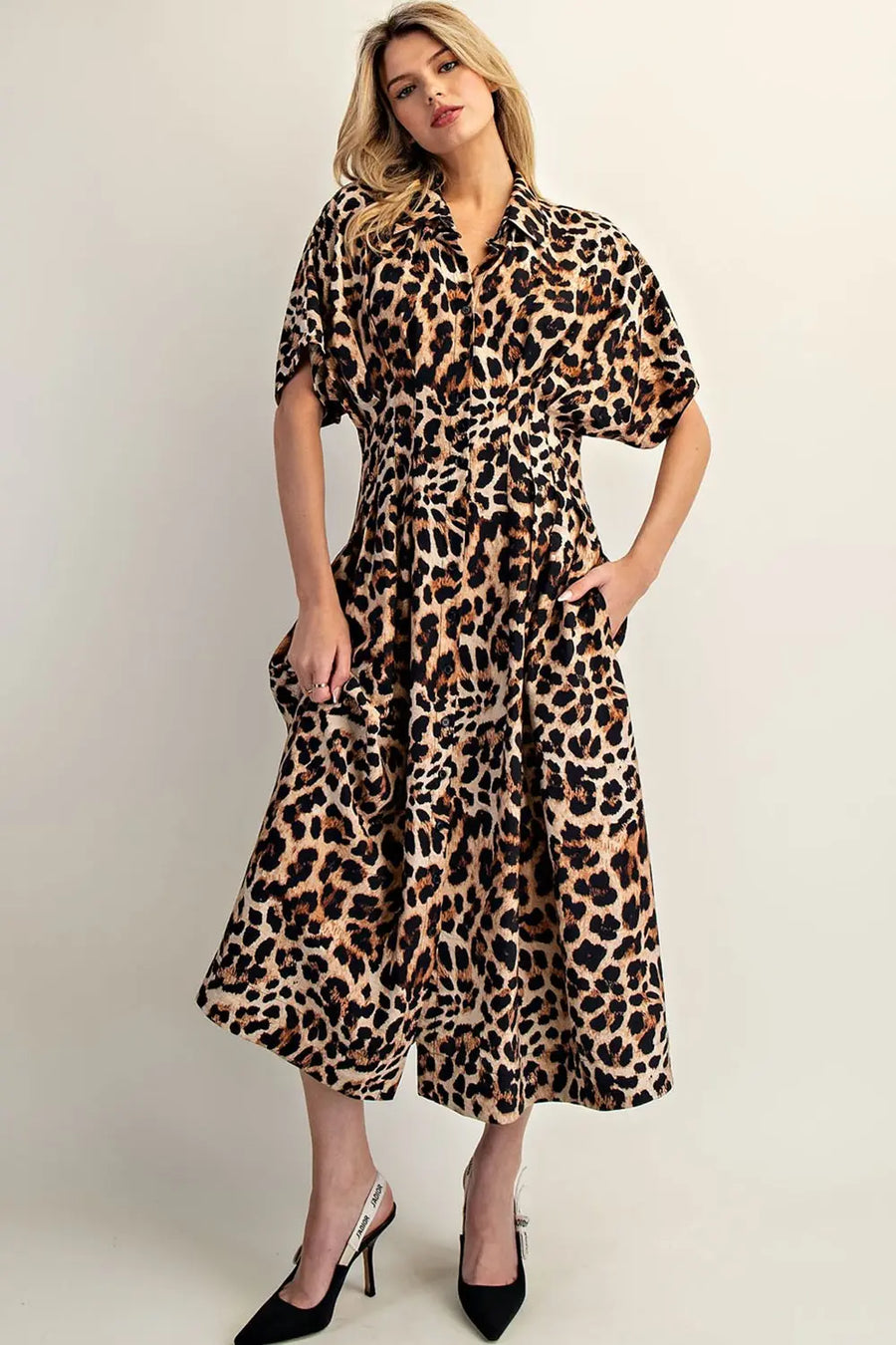 Leopard Print Button Down Pleated Maxi Dress