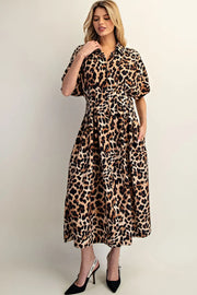 Leopard Print Button Down Pleated Maxi Dress