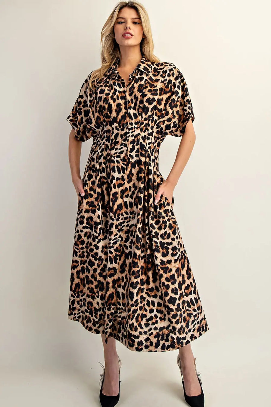 Leopard Print Button Down Pleated Maxi Dress