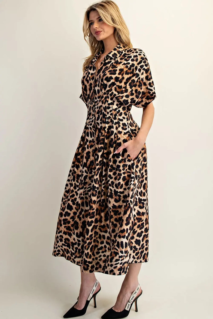 Leopard Print Button Down Pleated Maxi Dress