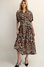 Leopard Print Button Down Pleated Maxi Dress