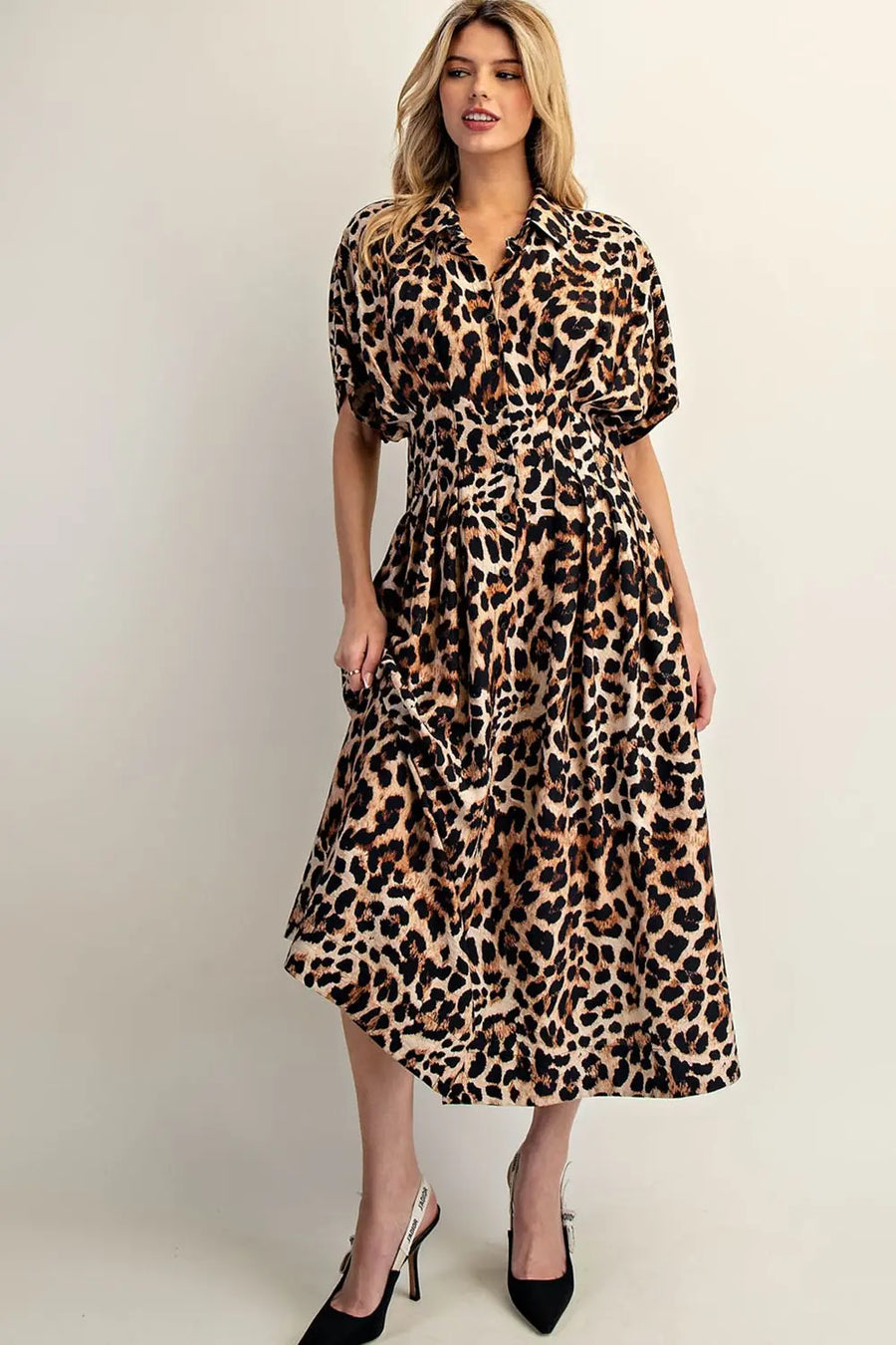 Leopard Print Button Down Pleated Maxi Dress