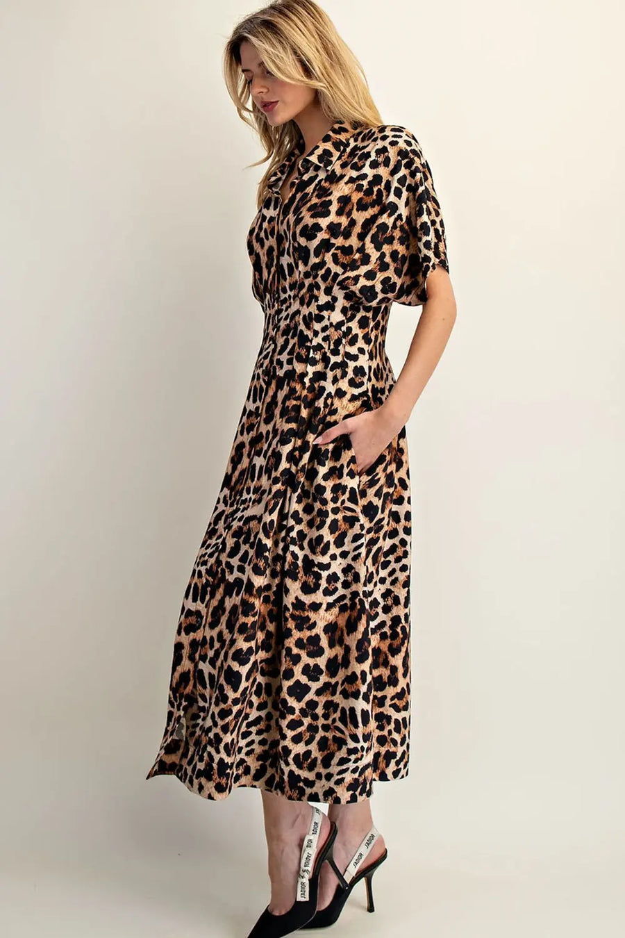 Leopard Print Button Down Pleated Maxi Dress