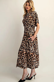 Leopard Print Button Down Pleated Maxi Dress