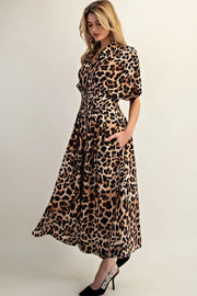 Leopard Print Button Down Pleated Maxi Dress