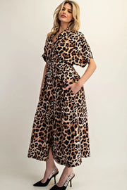 Leopard Print Button Down Pleated Maxi Dress