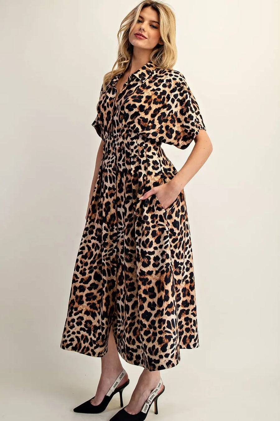Leopard Print Button Down Pleated Maxi Dress