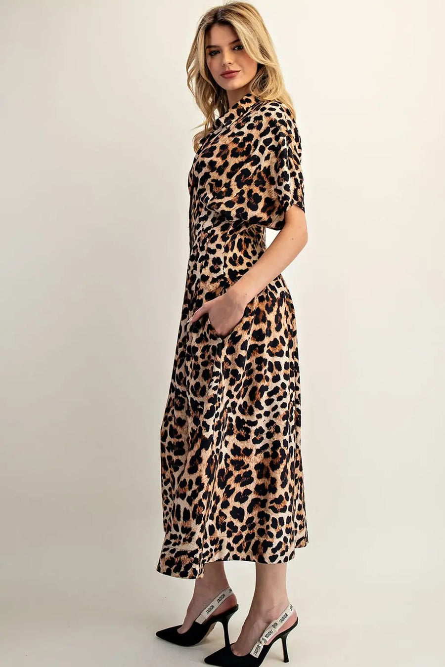 Leopard Print Button Down Pleated Maxi Dress