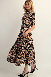 Leopard Print Button Down Pleated Maxi Dress