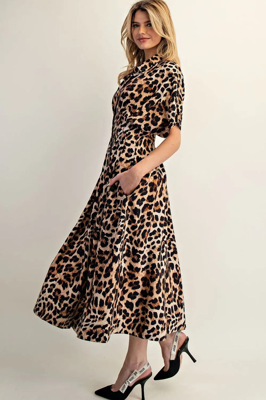Leopard Print Button Down Pleated Maxi Dress
