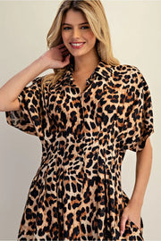 Leopard Print Button Down Pleated Maxi Dress