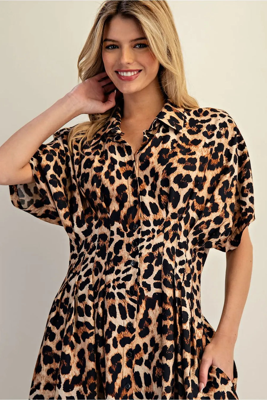 Leopard Print Button Down Pleated Maxi Dress