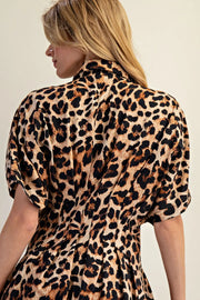 Leopard Print Button Down Pleated Maxi Dress