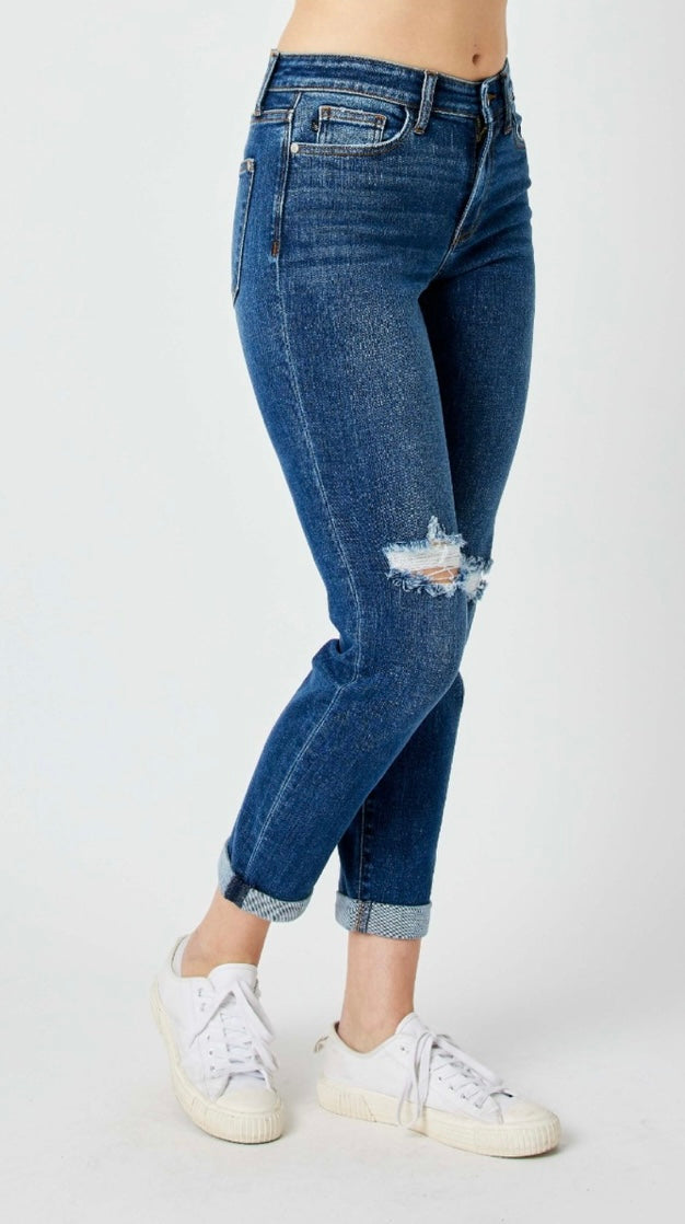 Foolin' Mid Rise Slim Fit Rolled Cuff Ankle Crop Jeans With Destroyed Knees