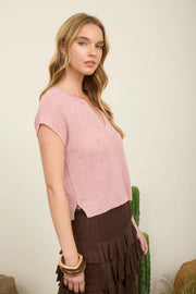 Alana Split Neck Cap Sleeve Ribbon Knit Pullover