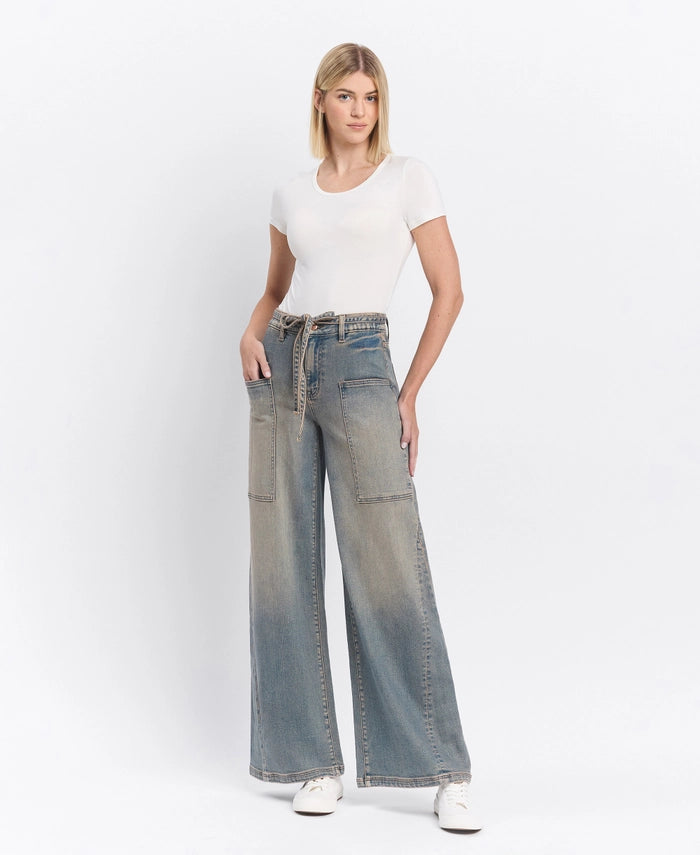 Flower-Child High Rise Elastic/Tie Baggy Wide Leg Jeans