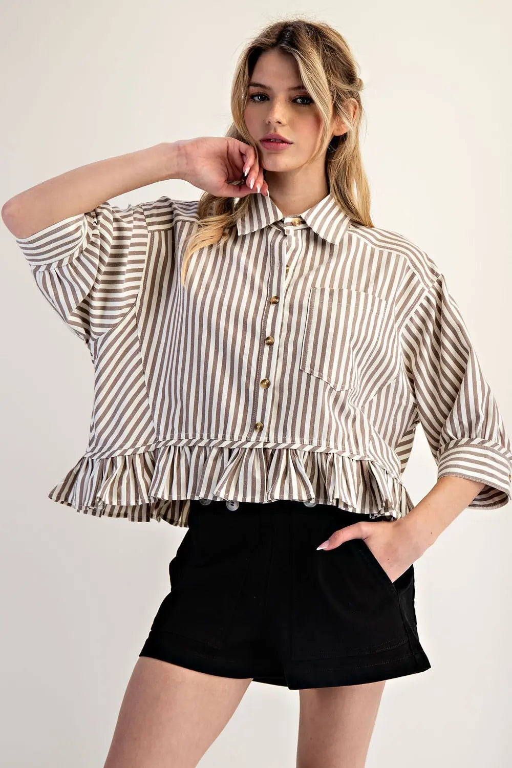 Tamika Stripe Ruffle Hem Button Front Top