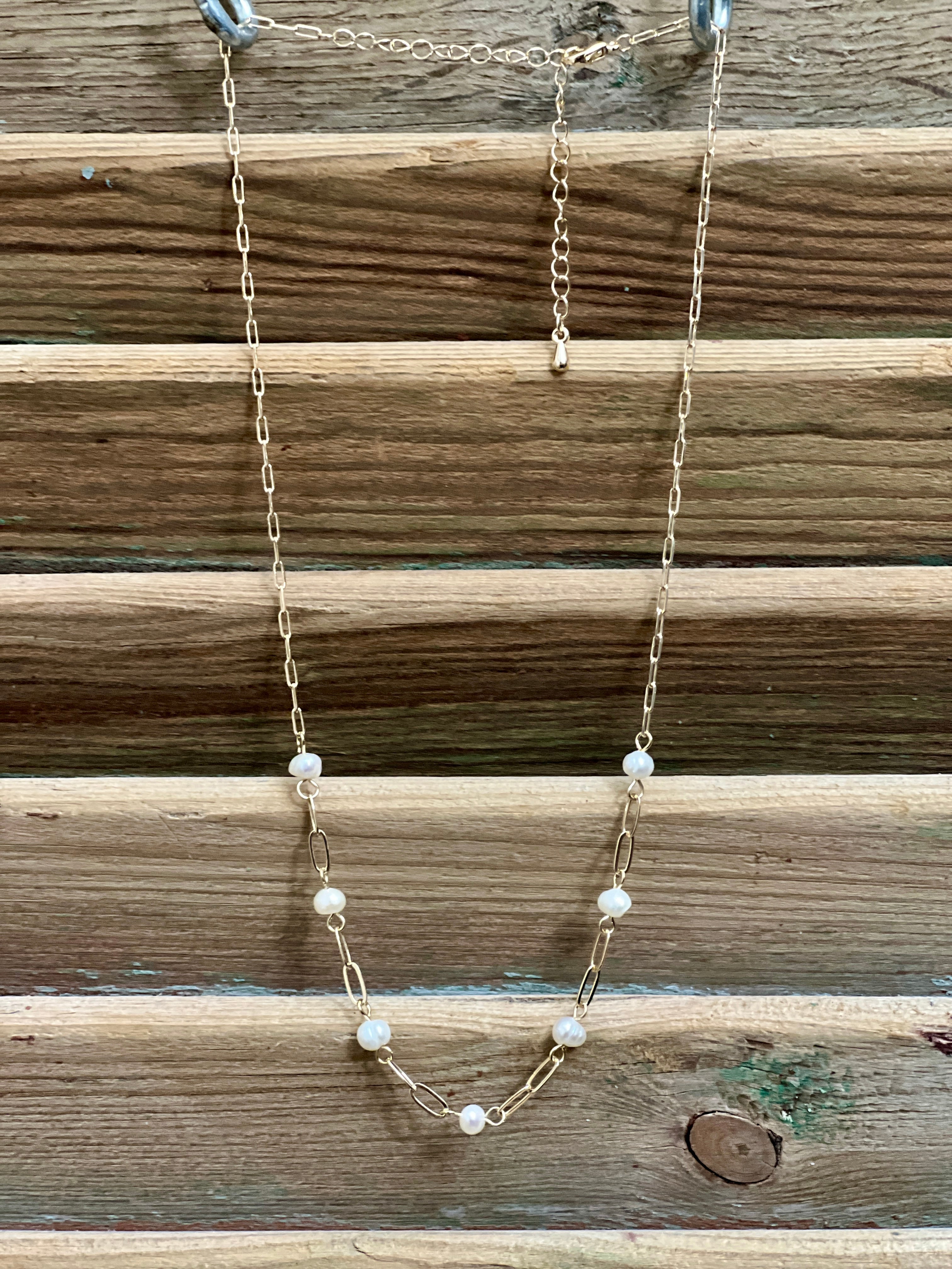 Gold Paperclip Link Pearl Accent Necklace