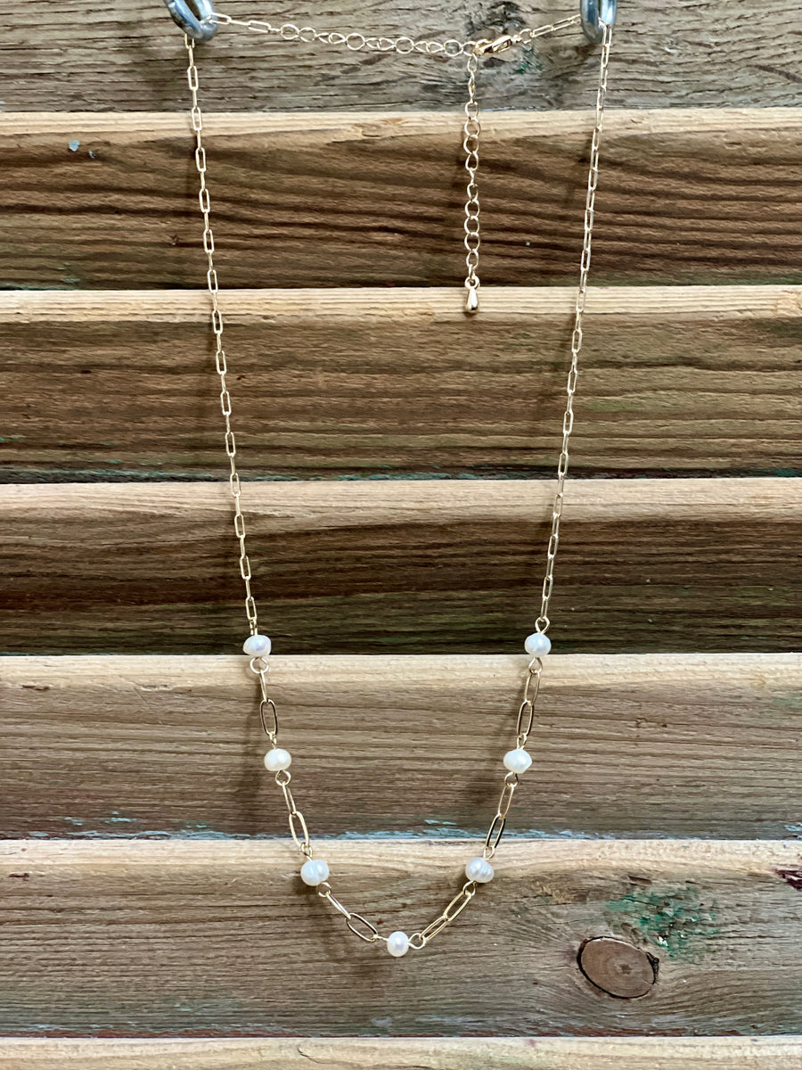 Gold Paperclip Link Pearl Accent Necklace