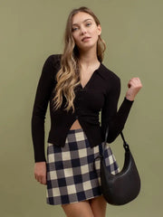 ViVi Collared V-Neckline Button Front Split Hem Sweater Knit Top