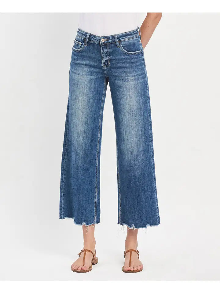 Bad Romance Mid Rise Ankle Wide Leg Distressed Hem Jeans
