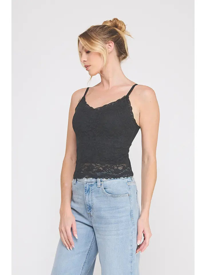 Floral Lace Knit Longline Cami Bralette with Adjustable Straps