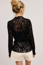 Sheer Floral Velvet Lace Long Sleeve Top