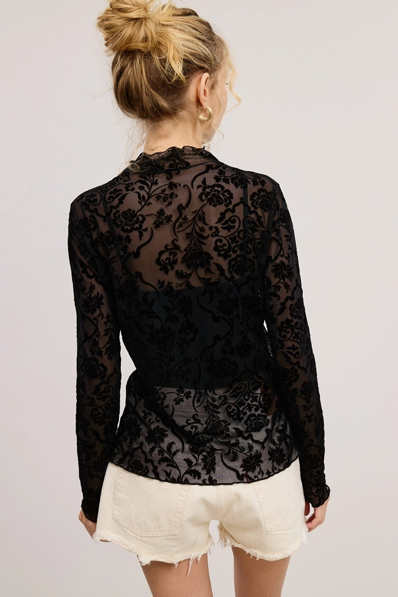 Sheer Floral Velvet Lace Long Sleeve Top
