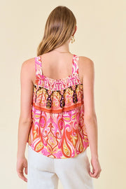 Marakesh Floral Ikat Printed Smocked Tiered Tank Top