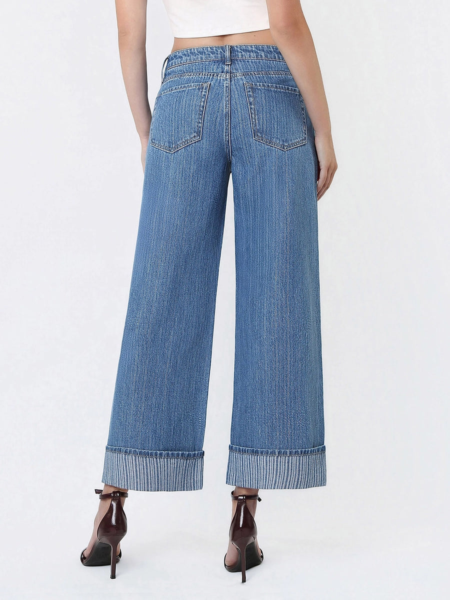 Behind Bars High Rise Jacquard Stripe Wide Cuff Ankle Crop Jeans