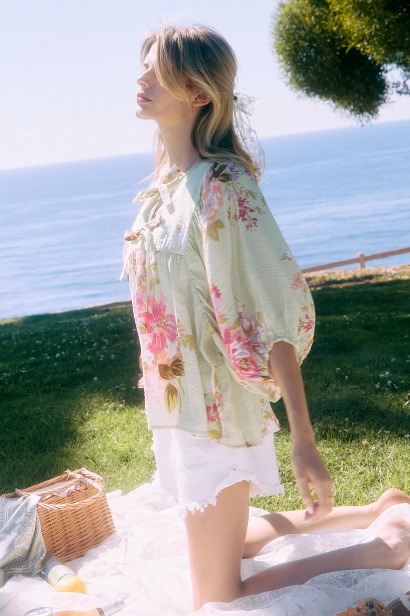 Dayna Tie Front Floral Printed Batwing Sleeve Peplum Blouse Top